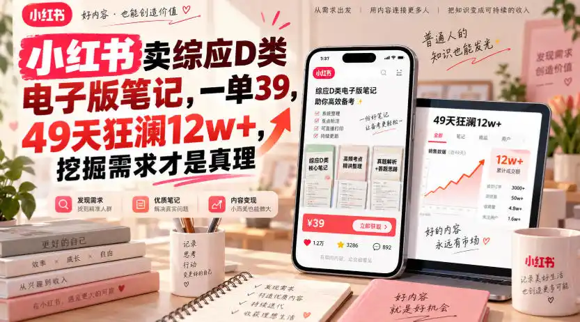 小红书卖综应D类电子版笔记,一单39,49天狂澜12w+,挖掘需求才是真理-聚力云网创