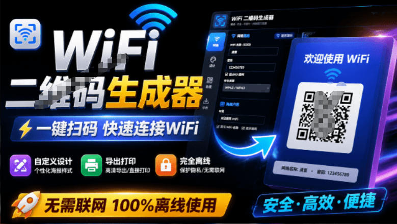 完全离线使用！WiFi二维码生成器，一键扫码快速连接WiFi，支持自定义风格导出WiFi二维码生成器-聚力云网创