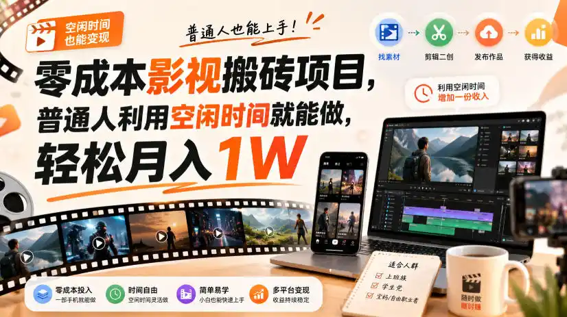 零门槛影视搬砖项目，月入万元，玩法稳定普通人可落地的长期副业！-聚力云网创
