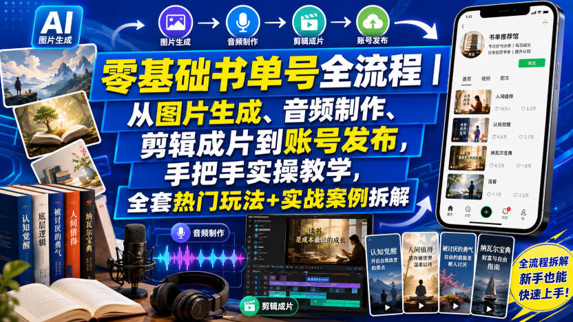 零基础书单号全流程|从图片生成、音频制作、剪辑成片到账号发布,手把手实操教学,全套热门玩法+实战案例拆解-聚力云网创