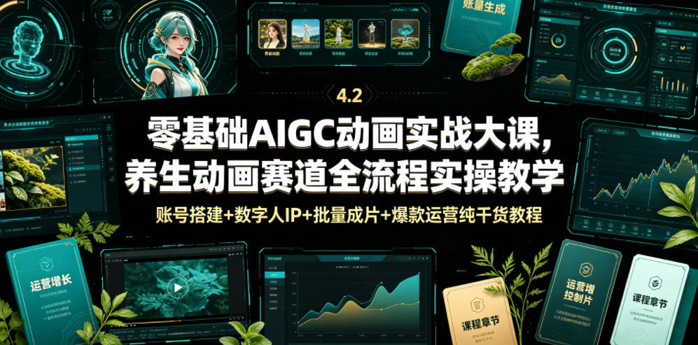 零基础AIGC动画实战大课，养生动画赛道全流程实操教学，账号搭建+数字人IP+批量成片+爆款运营纯干货教程-聚力云网创