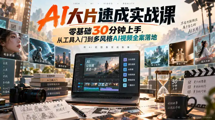 AI大片速成实战课|零基础30分钟上手,从工具入门到多风格AI视频全案落地-聚力云网创