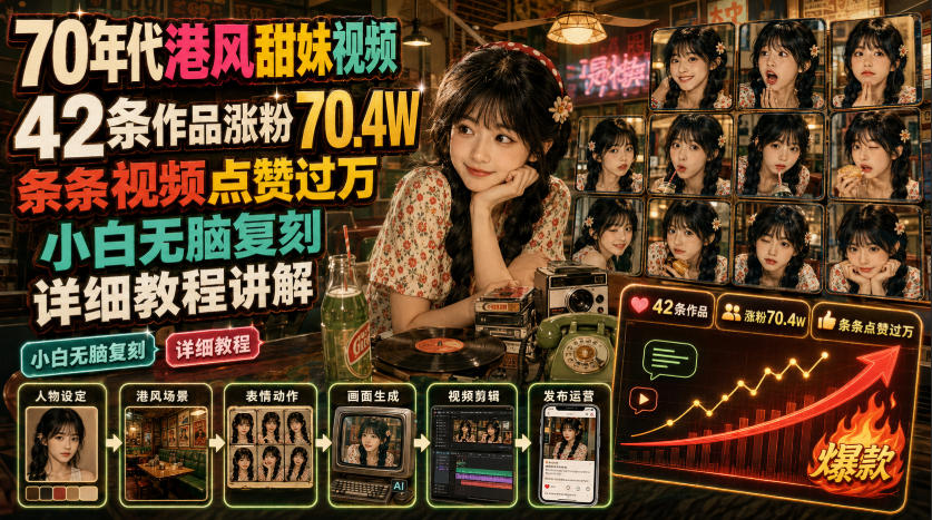 70年代港风甜妹视频，42条作品涨粉70.4W，条条视频点赞过万，小白无脑复刻，详细教程讲解-聚力云网创