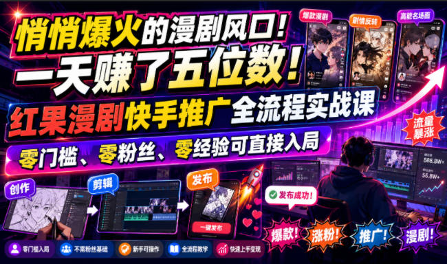 悄悄爆火的漫剧风口!一天賺了五位数!红果漫剧快手推广全流程实战课,零门槛、零粉丝、零经验可直接入局-聚力云网创