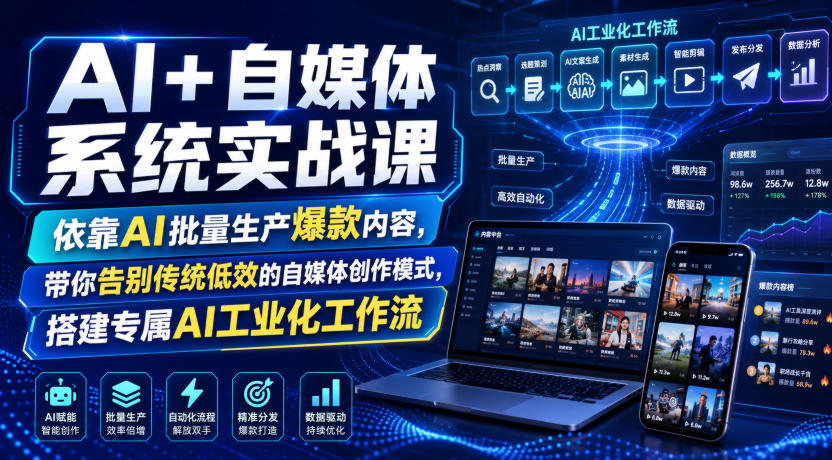 AI+自媒体系统实战课,依靠AI批量生产爆款内容,带你告别传统低效的自媒体创作模式,搭建专属AI工业化工作流-聚力云网创