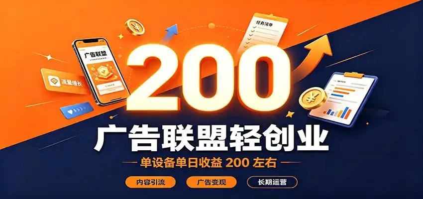 广告联盟轻创业，单设备单日收益200左右，内容引流广告变现长期运营-聚力云网创