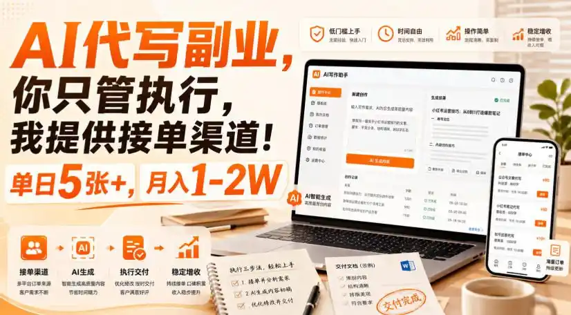 AI代写副业，你只管执行，我提供接单渠道！单日5张+，月入1-2W【揭秘】-聚力云网创