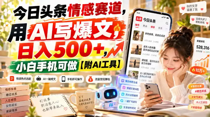 今日头条情感赛道,用AI写爆文,日入500+,小白手机可做【附AI工具】