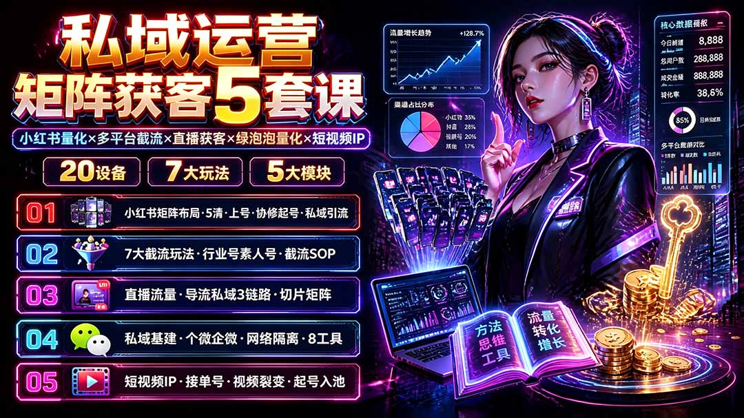 私域运营矩阵获客5套课:小红书量化×多平台截流×直播获客×绿泡泡量化×短视频IP×20设备×7大玩法-聚力云网创