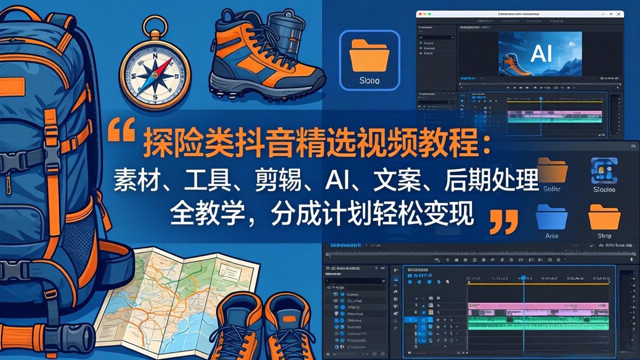 探险类抖音精选视频教程：素材、工具、剪辑、AI、文案、后期处理全教学，分成计划轻松变现-聚力云网创