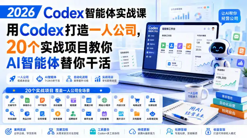 2026 Codex智能体实战课,用Codex打造一人公司,20个实战项目教你AI智能体替你干活-聚力云网创