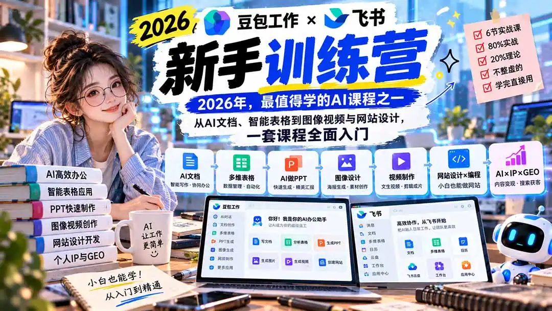 2026豆包工作+飞书新手训练营-9月新课：从AI文档、智能表格到图像视频与网站设计，一套课程全面入门-聚力云网创