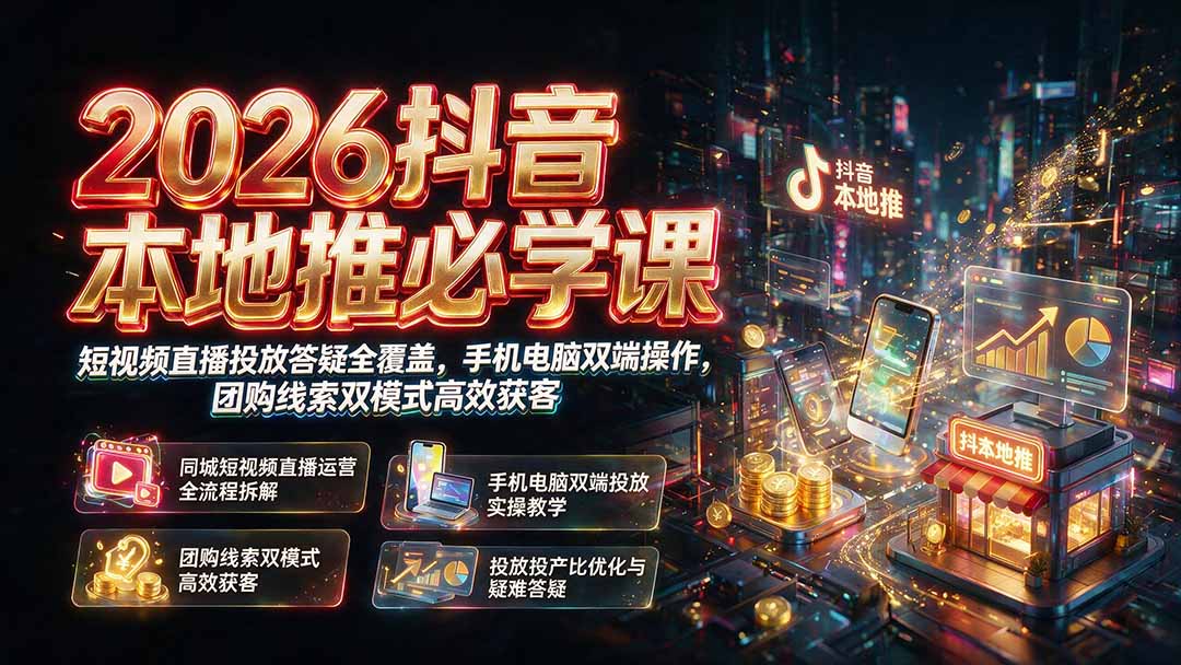 2026抖音本地推必学课|短视频直播投放答疑全覆盖,手机电脑双端操作,团购线索双模式高效获客-聚力云网创