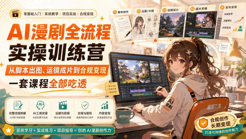 AI漫剧全流程实操训练营，从脚本出图、运镜成片到合规变现，一套课程全部吃透-聚力云网创