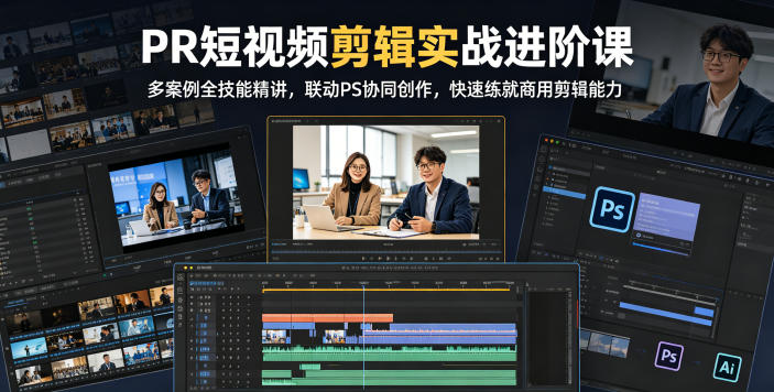 PR短视频剪辑实战进阶课，多案例全技能精讲，联动PS协同创作，快速练就商用剪辑能力-聚力云网创