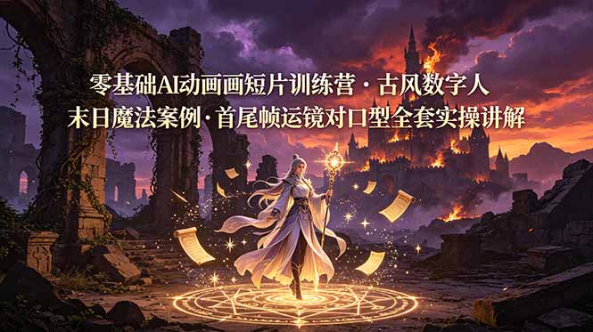 零基础AI动画短片训练营，古风数字人末日魔法案例，首尾帧运镜对口型全套实操讲解-聚力云网创