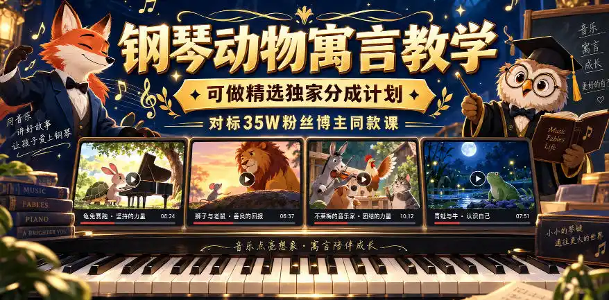 钢琴动物寓言教学，可做精选独家分成计划，对标35W粉丝博主同款课-聚力云网创