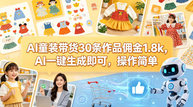 AI童装带货30条作品佣金1.8k,AI一键生成即可,操作简单-聚力云网创