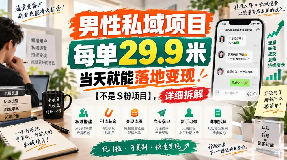 男性私域项目，每单29.9米，当天就能落地变现【不是S粉项目】，详细拆解-聚力云网创