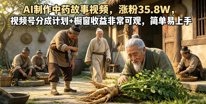 AI制作中药故事视频，涨粉35.8W，视频号分成计划+橱窗收益非常可观，简单易上手-聚力云网创