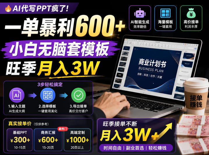 AI代写PPT疯了！一单暴利600+，小白无脑套模板，旺季月入3W，不用苦哈哈引流【揭秘】-聚力云网创