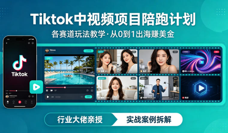 某大佬的Tiktok中视频项目陪跑，涵盖TK各个赛道玩法教学，从0到1出海賺美金-聚力云网创