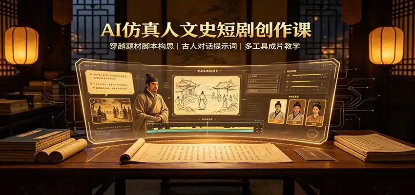 AI仿真人文史短剧创作课:穿越题材脚本构思,古人对话提示词,多工具成片教学-聚力云网创