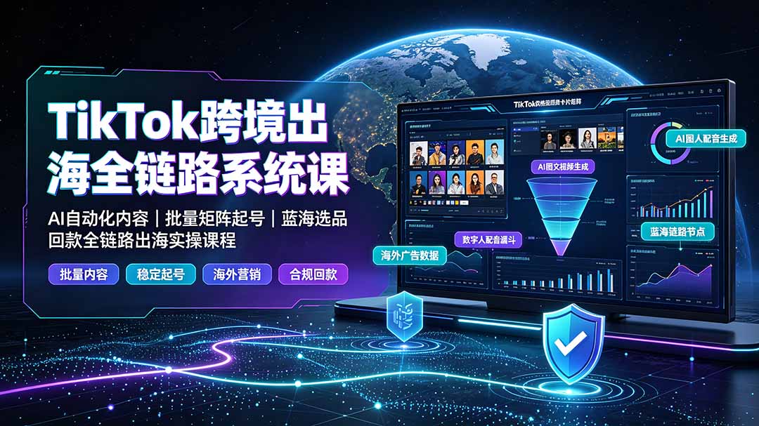TikTok跨境出海全链路系统课-2026年7月：AI自动化内容｜批量矩阵起号｜蓝海选品回款全链路出海实操课程-聚力云网创