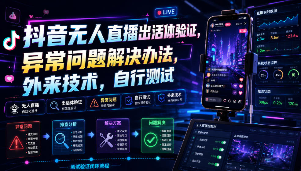 抖音无人直播出活体验证,异常问题解决办法,外来技术,自行测试-聚力云网创
