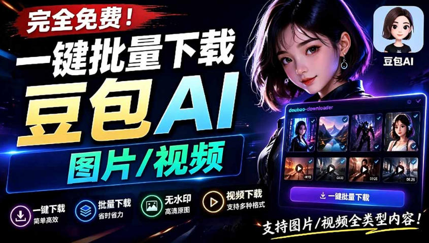Github最新发布！一键批量下载豆包AI无水印图片/视频，简单易用，自动解析提示词-聚力云网创