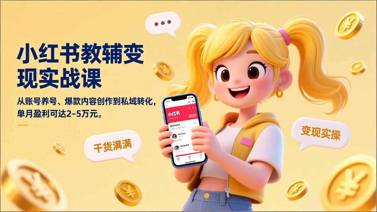 小红书教辅变现实战课，从账号养号、爆款内容创作到私域转化，单月盈利可达2-5万元-聚力云网创