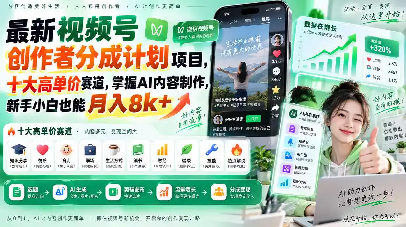 最新视频号创作者分成计划项目，十大高单价赛道，掌握AI内容制作，新手小白也能月入8k+-聚力云网创