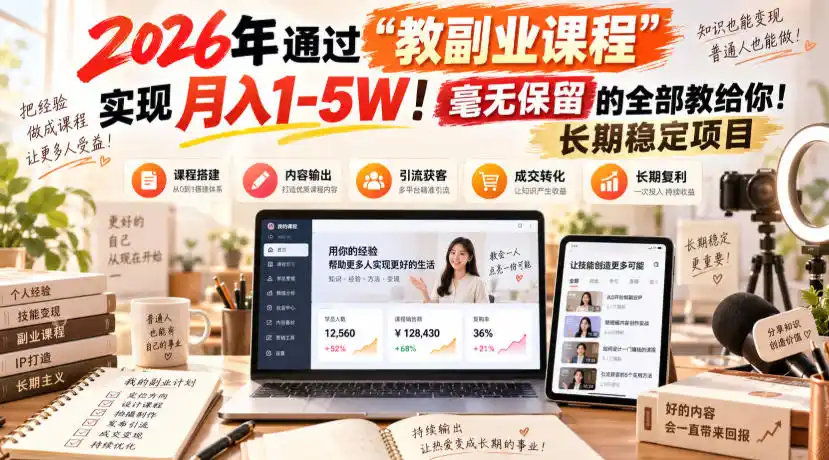 2026年通过“教副业课程”实现月入1-5W！毫无保留的全部教给你！长期稳定项目-聚力云网创