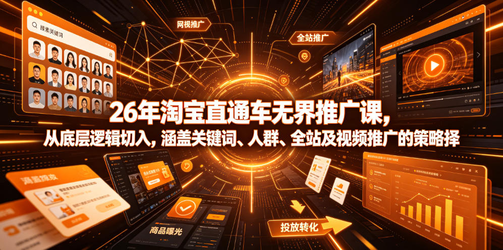 26年淘宝直通车无界推广课，从底层逻辑切入，涵盖关键词、人群、全站及视频推广的策略选择-聚力云网创