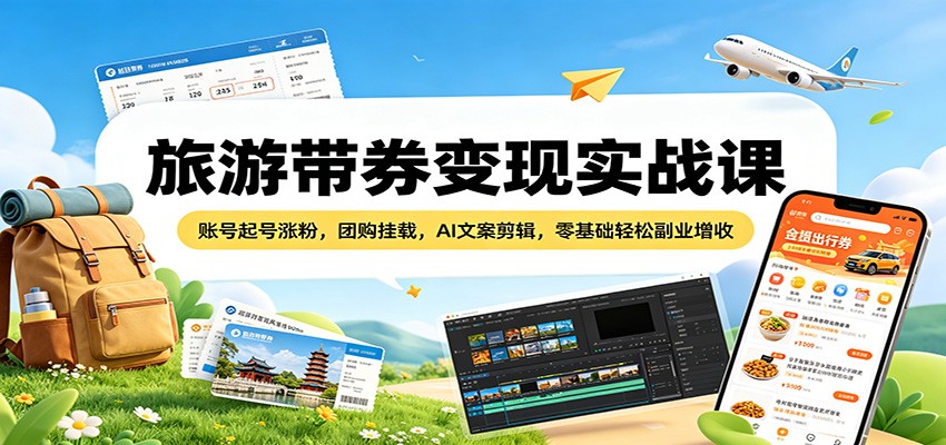 旅游带券变现实战课：账号起号涨粉，团购挂载，AI文案剪辑，零基础轻松副业增收-聚力云网创