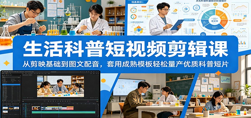 生活科普短视频剪辑课:从剪映基础到图文配音,套用成熟模板轻松量产优质科普短片-聚力云网创