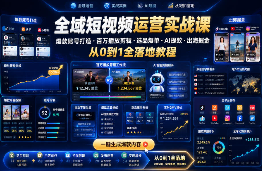 全域短视频运营实战课，爆款账号打造・百万播放剪辑・选品爆单・AI提效・出海掘金，从0到1全落地教程-聚力云网创