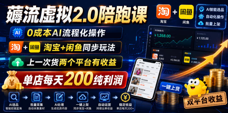 薅流虚拟2.0陪跑课,0成本AI流程化操作,淘宝+闲鱼同步玩法,上一次货两个平台有收益,单店每天200纯利润-聚力云网创