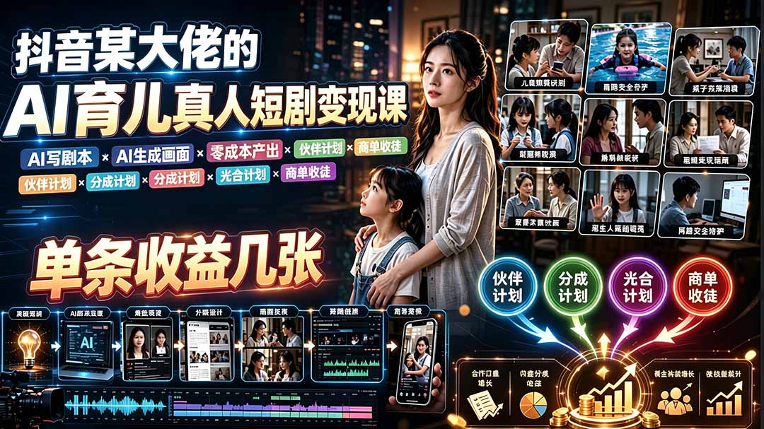 AI育儿真人短剧变现课：AI写剧本×AI生成画面×零成本产出×伙伴计划×分成计划×光合计划×商单收徒-聚力云网创