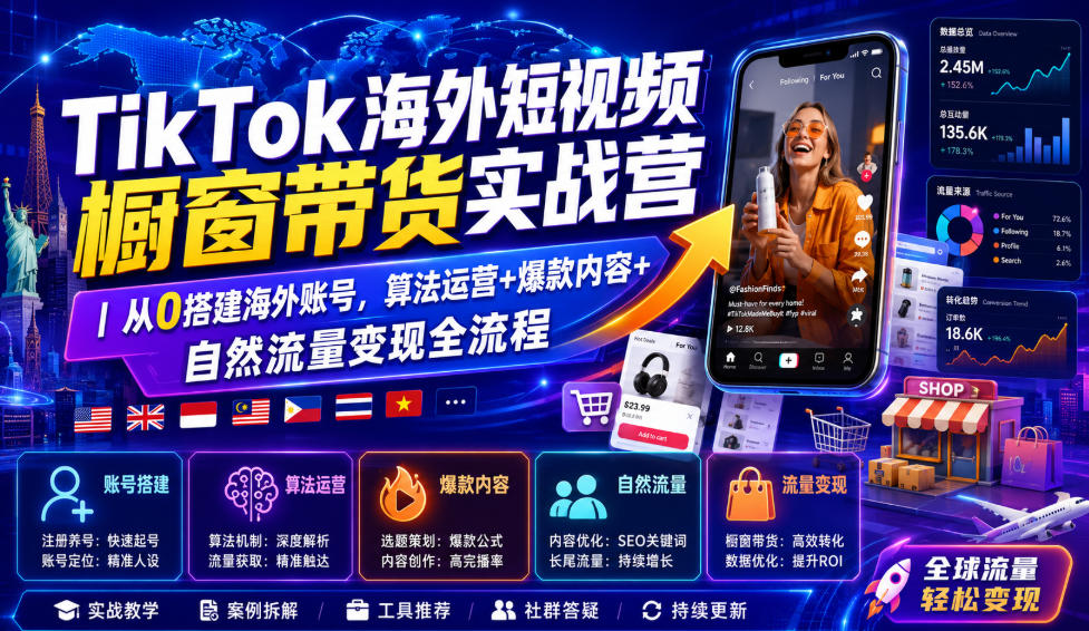 TikTok海外短视频橱窗带货实战营|从0搭建海外账号,算法运营+爆款内容+自然流量变现全流程-聚力云网创