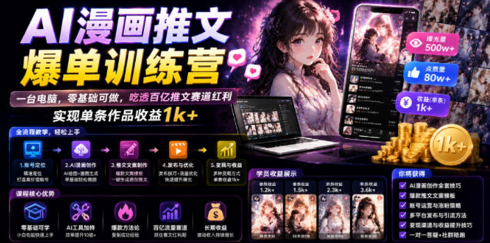 AI漫画推文爆单训练营，一台电脑，零基础可做，吃透百亿推文赛道红利，实现单条作品收益1k+-聚力云网创