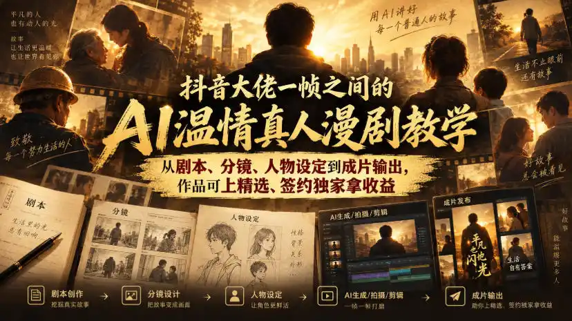 抖音大佬一帧之间的AI温情真人漫剧教学，从剧本、分镜、人物设定到成片输出，作品可上精选、签约独家拿收益-聚力云网创