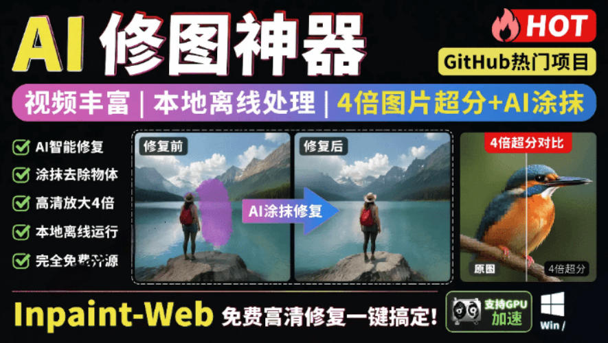 本地离线处理，4倍图片超分+AI涂抹去水印！Github上热门神器，免费高清修复图一键搞定！Inpaint-Web-聚力云网创