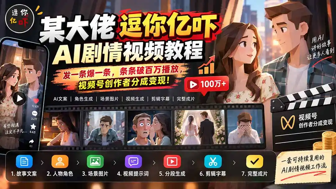某大佬逗你亿吓AI低模剧情视频制作教程:发一条爆一条,条条破百万播放,利用视频号创作者分成变现!-聚力云网创