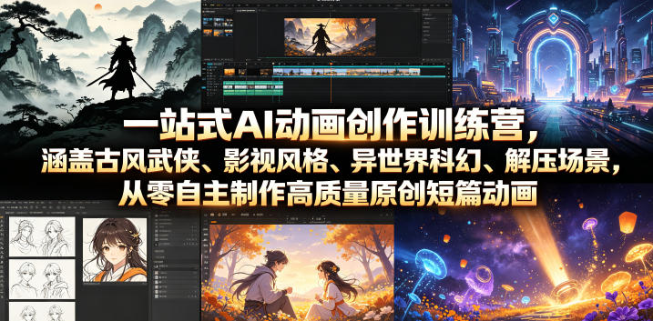 一站式AI动画创作训练营，涵盖古风武侠、影视风格、异世界科幻、解压场景，从零自主制作高质量原创短篇动画(更新)-聚力云网创