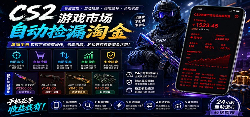 CSGO挂机捡漏项目通过利用游戏饰品交易机制，结合薄凉软件辅助捡漏，实现盈利-聚力云网创