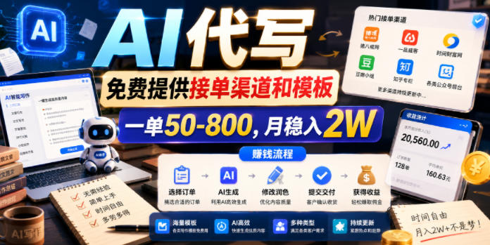 AI代写，免费提供接单渠道和模板，一单50-800，月稳入2W【揭秘】-聚力云网创