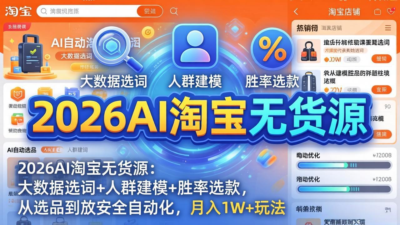 2026AI淘宝无货源-4月更新：大数据选词+人群建模+胜率选款，从选品到放大全自动化，月入1W+玩法-聚力云网创