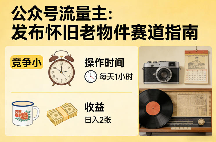 公众号流量主之发布怀旧老物件赛道，竞争小，每天操作1小时，日入2张-聚力云网创