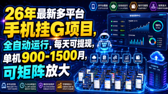 26年最新多平台手机挂G项目,全自动运行,每天可提现,单机900-1500月,可矩阵放大【揭秘】-聚力云网创
